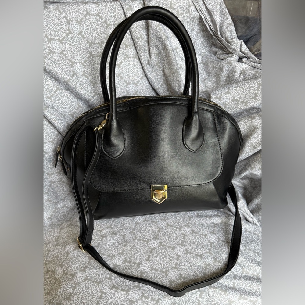 Just Fab Black Satchel Tote Bag Purse Detachable Crossbody Strap Zip Closure